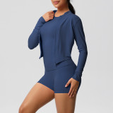 European and American cross-border cloud-feel brushed sports zip-up jacket, casual running butt-lifting pocket shorts, yoga outfit three-piece set