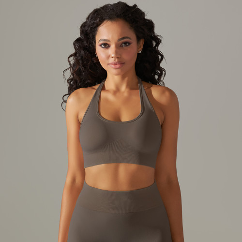 Cross-border European and American seamless tight-fitting solid color halter neck backless sports bra for running, fitness, and yoga tops for women
