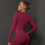 Cross-border European and American seamless tight-fitting solid color ruched sports long-sleeve top, high-elastic breathable running fitness yoga wear for women