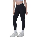 New cross-border European and American solid color double-sided nylon seamless cross-waist tight yoga pants for sports, running, and fitness
