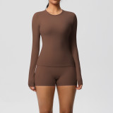 New cross-border European and American solid color double-sided nylon brushed long-sleeve yoga outfit set for sports, running, and fitness two-piece set