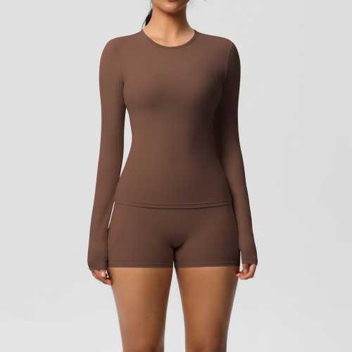 New cross-border European and American solid color double-sided nylon brushed long-sleeve yoga outfit set for sports, running, and fitness two-piece set
