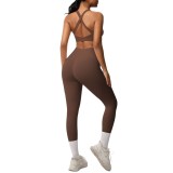 European and American cross-border yoga double-sided brushed vest with shockproof pocket pants, Pilates running fitness yoga two-piece set