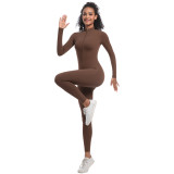 New cross-border European and American style half-zip tight-fitting solid color high-elastic long yoga jumpsuit for fitness and running
