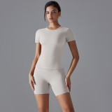 New Spring Double-Sided Nylon Quick-Dry Yoga Outfit Short-Sleeve Fitness Set Outdoor Running Sports Two-Piece Set for Women