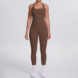 Cross-border European and American brushed solid color tight-fitting racerback pocket sports suit two-piece set for running, fitness, and yoga