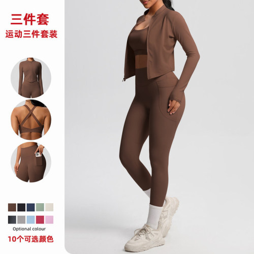 Cross-border cloud-feel brushed fabric sports bra with zipper jacket, casual running butt-lifting pocket fitness yoga wear