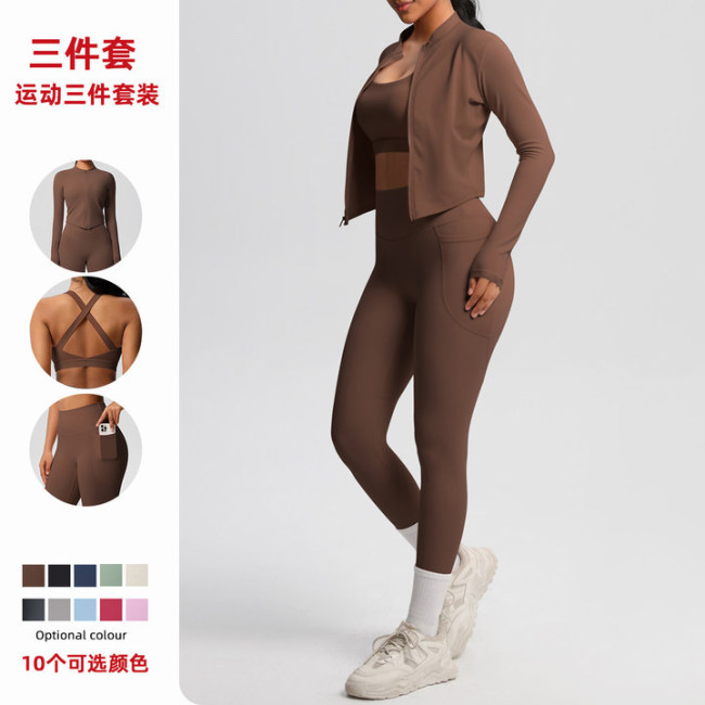 Cross-border cloud-feel brushed fabric sports bra with zipper jacket, casual running butt-lifting pocket fitness yoga wear