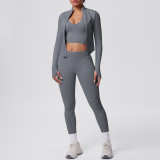 Cross-border seamless solid color tight-fitting breathable high-elasticity yoga outfit set for sports, running, and fitness, three-piece yoga set