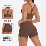 European and American cross-border seamless brushed fabric cross-back sports bra and casual butt-lifting shorts two-piece fitness yoga set