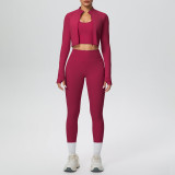 Cross-border brushed tight-fitting breathable halter neck tank top long three-piece sports running fitness yoga outfit set