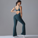 New cross-border solid color back-enhancing, hip-lifting, long slim-fit wide-leg jumpsuit for sports, running, fitness, and yoga