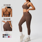 Cross-border European and American solid color double-sided brushed fabric cross-back sports bra and yoga outfit set for running and fitness two-piece set