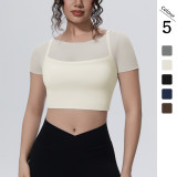 New cross-border solid color mesh double-layer breathable faux two-piece short-sleeve top for casual sports, running, fitness, and yoga