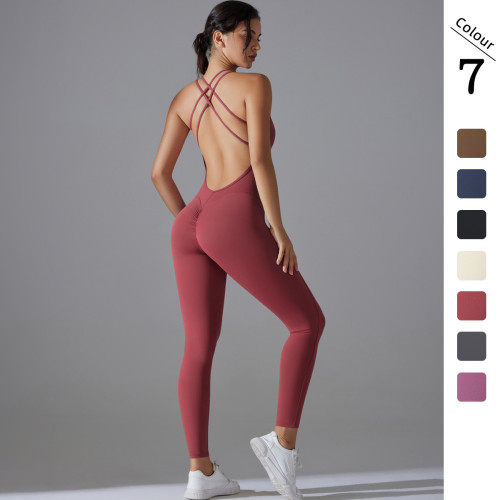 Cross-border European and American butt-lifting yoga wear, quick-dry, tight-fitting running sports jumpsuit with cross-back design and no awkward lines