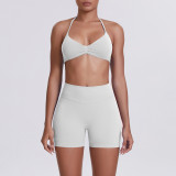 Cross-border seamless solid color halter neck bra and shorts yoga outfit set, tight-fitting running and fitness two-piece set