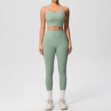 New cross-border double-sided brushed solid color backless tight-fitting breathable yoga outfit set for sports, running, and fitness two-piece set