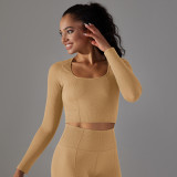 New cross-border seamless solid color polka dot striped T-shirt, high elasticity, low neck, tummy control, body shaping yoga wear, long sleeve top for women
