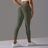 Cross-border European and American brushed V-waist pleated solid color peach butt-lifting yoga pants for sports, running, and fitness, tight-fitting nine-point pants