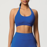 Cross-border solid color seamless backless high-elasticity tight-fitting halter neck sports bra for running, fitness, and yoga for women