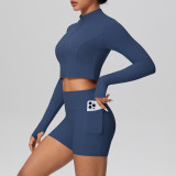 In-stock cross-border solid color brushed fabric nude-feel short jacket set with tight-fitting pocket shorts, two-piece fitness yoga outfit