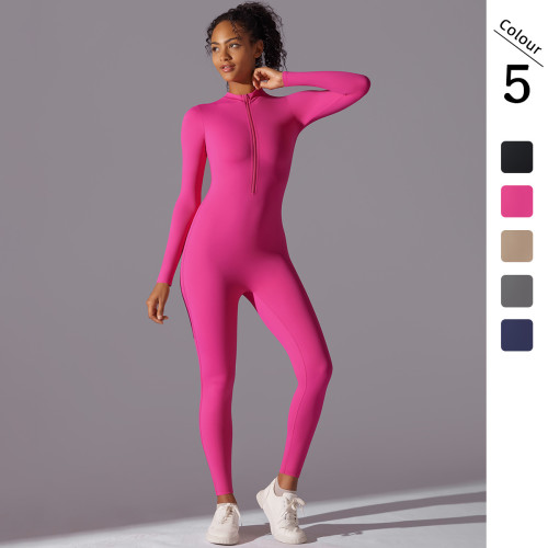 Cross-border European and American solid color high-elasticity half-zip tight-fitting long-sleeve jumpsuit for sports, running, fitness, and yoga