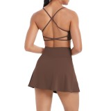 New cross-border model: cloud-feel brushed fabric camisole with beautiful back design, sports bra, casual running fitness short skirt, yoga outfit set for women