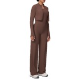 Cross-border solid color brushed tight-fitting one-shoulder tank top, wide-leg long pants, three-piece sports running fitness yoga outfit set