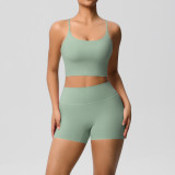 New cross-border brushed solid color beautiful back tight breathable yoga outfit set for women, suitable for sports, running, and fitness