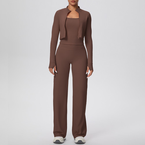 Cross-border solid color brushed tight-fitting tank top, wide-leg long pants, three-piece sports running fitness yoga outfit set