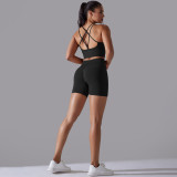 Cross-border European and American seamless knitted solid color high-elastic tight-fitting yoga outfit set, two-piece running and fitness wear for women