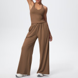 Cross-border V-neck beautiful back tight-fitting breathable solid color wide-leg yoga outfit sports running fitness set for women