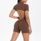 New cross-border European and American solid color zippered backless tight-fitting one-piece yoga suit, breathable sports running fitness jumpsuit