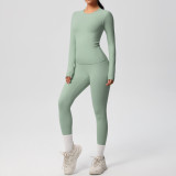 In-stock cross-border double-sided brushed solid color tight-fitting long-sleeve yoga outfit set for sports, running, and fitness two-piece set