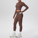 In-stock cross-border solid color brushed fabric nude-feel short jacket set with tight-fitting pockets for running, fitness, and yoga, two-piece set