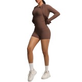New cross-border breathable tight-fitting brushed long-sleeve jacket fitness yoga outfit solid color three-piece gym sportswear for women