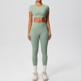 New cross-border European and American solid color double-sided brushed breathable tight-fitting yoga outfit set for sports, running, and fitness, eight-piece set