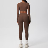 In-stock cross-border solid color double-sided nylon brushed nude-feel tight-fitting sports yoga outfit set for running and fitness two-piece set