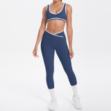 New cross-border double-sided brushed contrasting color tight-fitting breathable cross-over yoga outfit set for sports, running, and fitness two-piece set