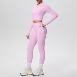 In-stock cross-border solid color brushed fabric nude-feel short jacket set with tight-fitting pockets for running, fitness, and yoga, two-piece set