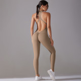 Cross-border solid color high-intensity tight-fitting nude-feel sports long one-piece yoga suit for women, suitable for running and fitness