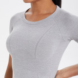 Cross-border European and American seamless knitted solid color breathable tight-fitting short-sleeve T-shirt for sports, running, fitness, and yoga for women