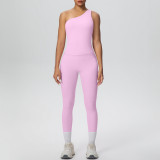 New cross-border double-sided brushed fabric seamless tight-fitting one-shoulder tank top sports set for running, fitness, and yoga, two-piece set