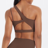 New cross-border spliced double-sided nylon brushed single-shoulder sports bra for running, fitness, and yoga for women