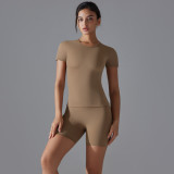 New Spring Double-Sided Nylon Quick-Dry Yoga Outfit Short-Sleeve Fitness Set Outdoor Running Sports Two-Piece Set for Women