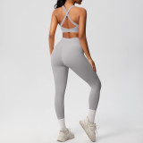Cross-border European and American solid color double-sided brushed fabric cross-back sports bra and yoga outfit set for running and fitness two-piece set
