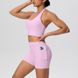New cross-border solid color brushed fabric halter neck tank top and pocket pants yoga outfit set, sports fitness shorts two-piece set for women