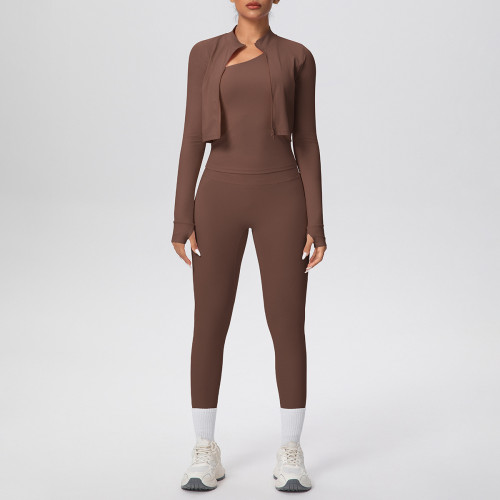 Cross-border solid color brushed tight-fitting one-shoulder tank top, nine-point long style three-piece sports running fitness yoga outfit set