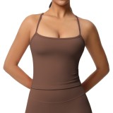 In-stock cross-border double-sided brushed solid color tight-fitting long sports bra with beautiful back design for running, fitness, and yoga for women