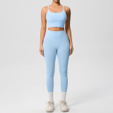 New cross-border double-sided brushed solid color backless tight-fitting breathable yoga outfit set for sports, running, and fitness two-piece set